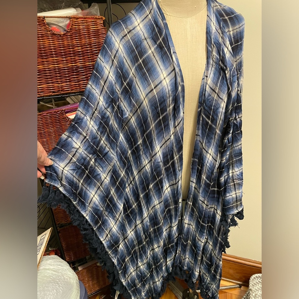Kori America blue plaid coverup lightweight coverup M fringe